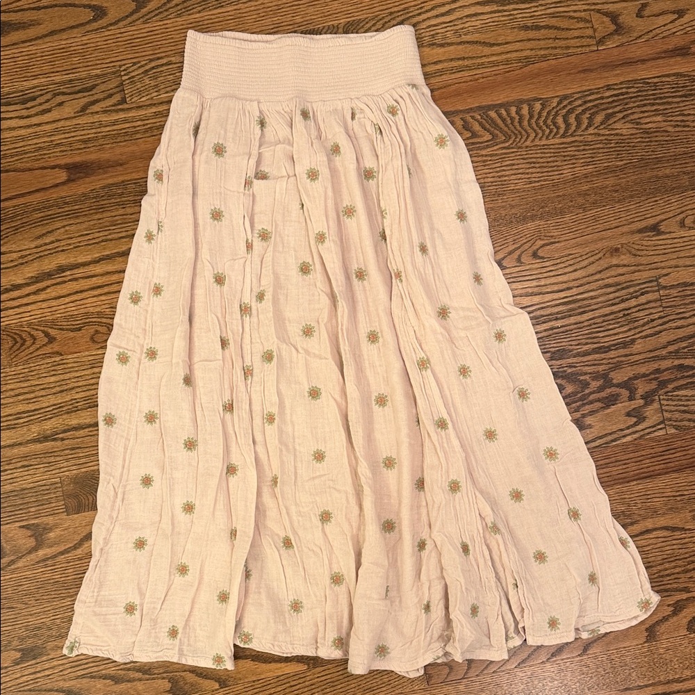 Free People Light Pink Maxi Skirt with Olive Floral Embroidery